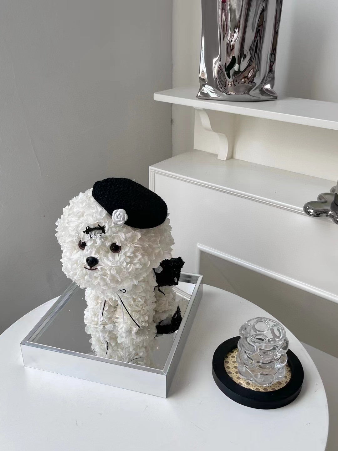 Flaurea Preserved Flower Floral Puppy - Black & White Hat